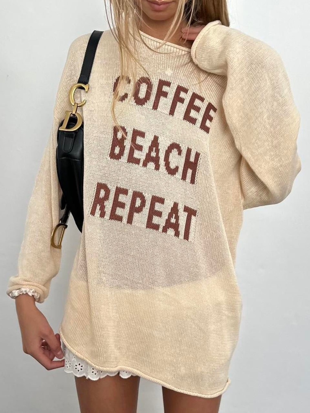 Gilli Cream Knit Sweater with Brown 'Coffee Beach Repeat' Text